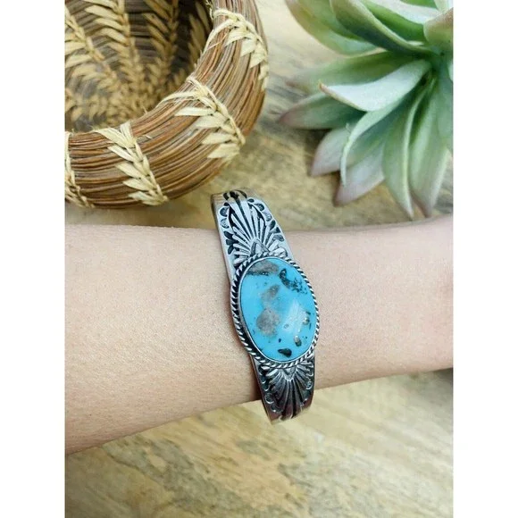 Navajo Sterling Silver & Royston Turquoise Cuff Bracelet Signed - Picture 8 of 8
